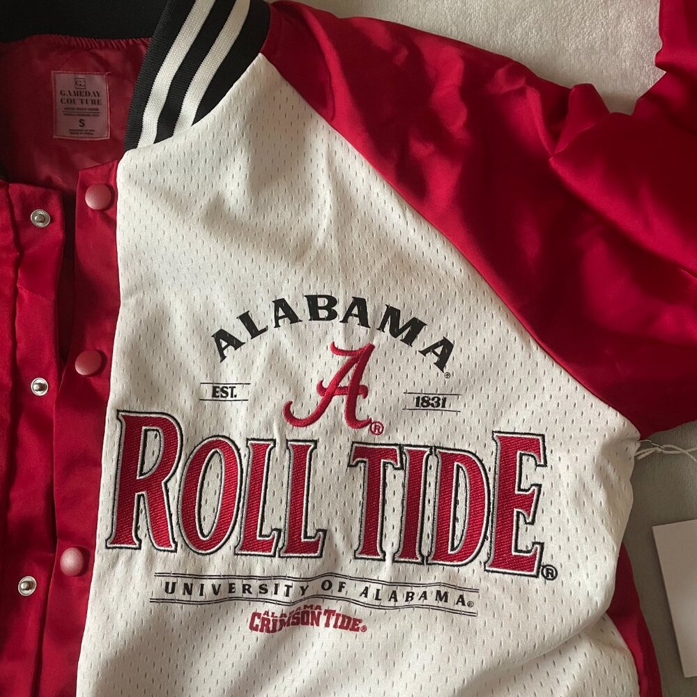 ALABAMA MIXED MEDIA THROWBACK BOMBER JACKET/RHINESTONE BY MADI P.T. - Picture 2 of 15